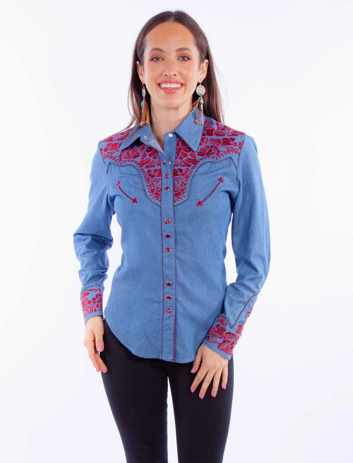 Scully Womens Embroidered Floral Blue/Cranberry Poly/Rayon L/S Shirt Checkered Print