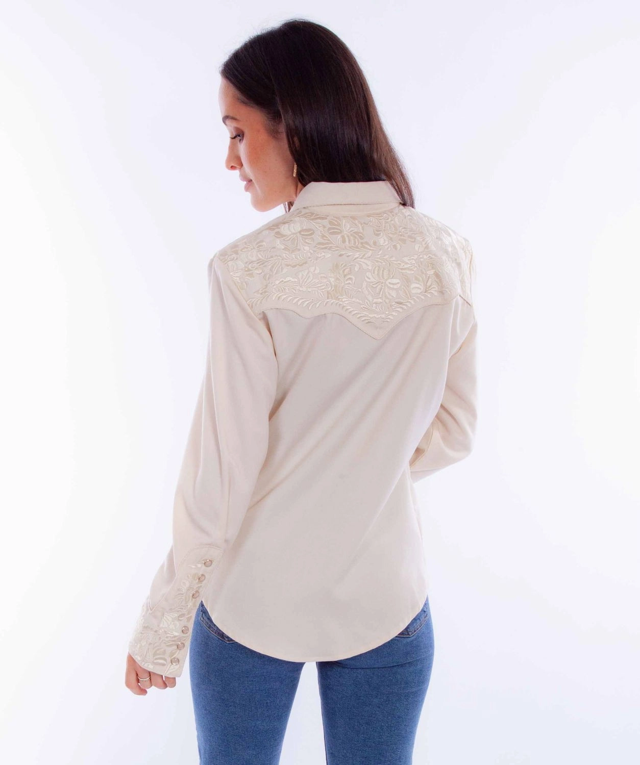 Scully Womens Embroidered Floral Ivory Poly/Rayon L/S Shirt Polished Look Soft touch finish