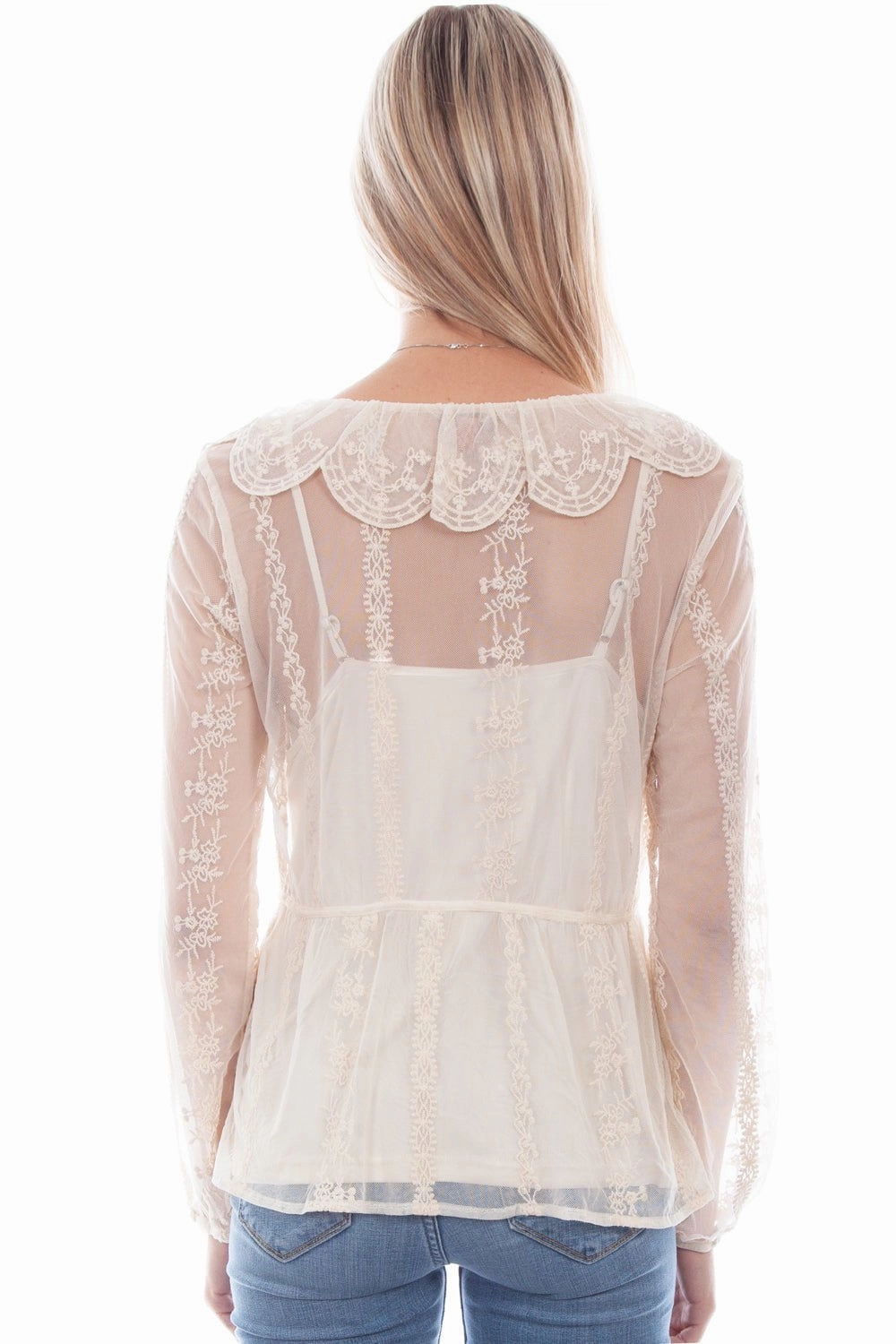 Tear Resistant Reinforcement Scully Womens Embroidered Mesh Tie Front Ivory 100% Polyester L/S Blouse