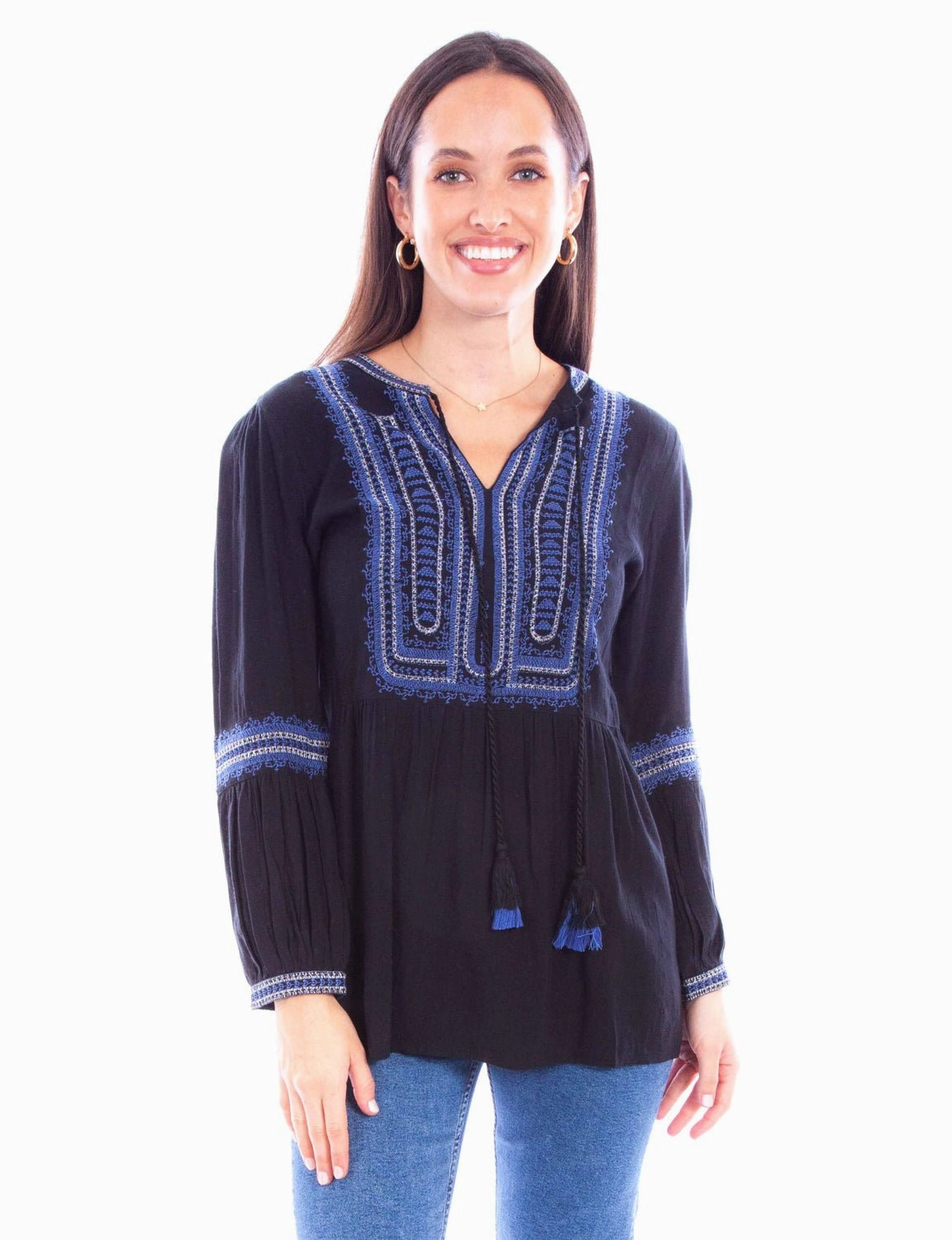 Timeless Piece Scully Womens Embroidered Tie Front Black 100% Cotton L/S Blouse