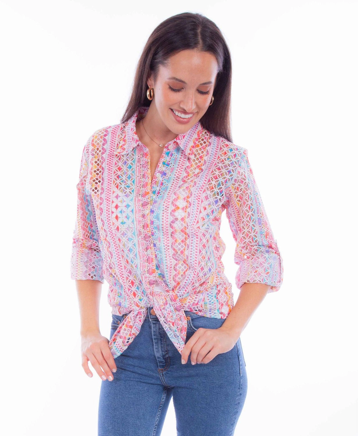 Anniversary Special Classic Color Scully Womens Eyelet Button Pink 100% Cotton L/S Blouse