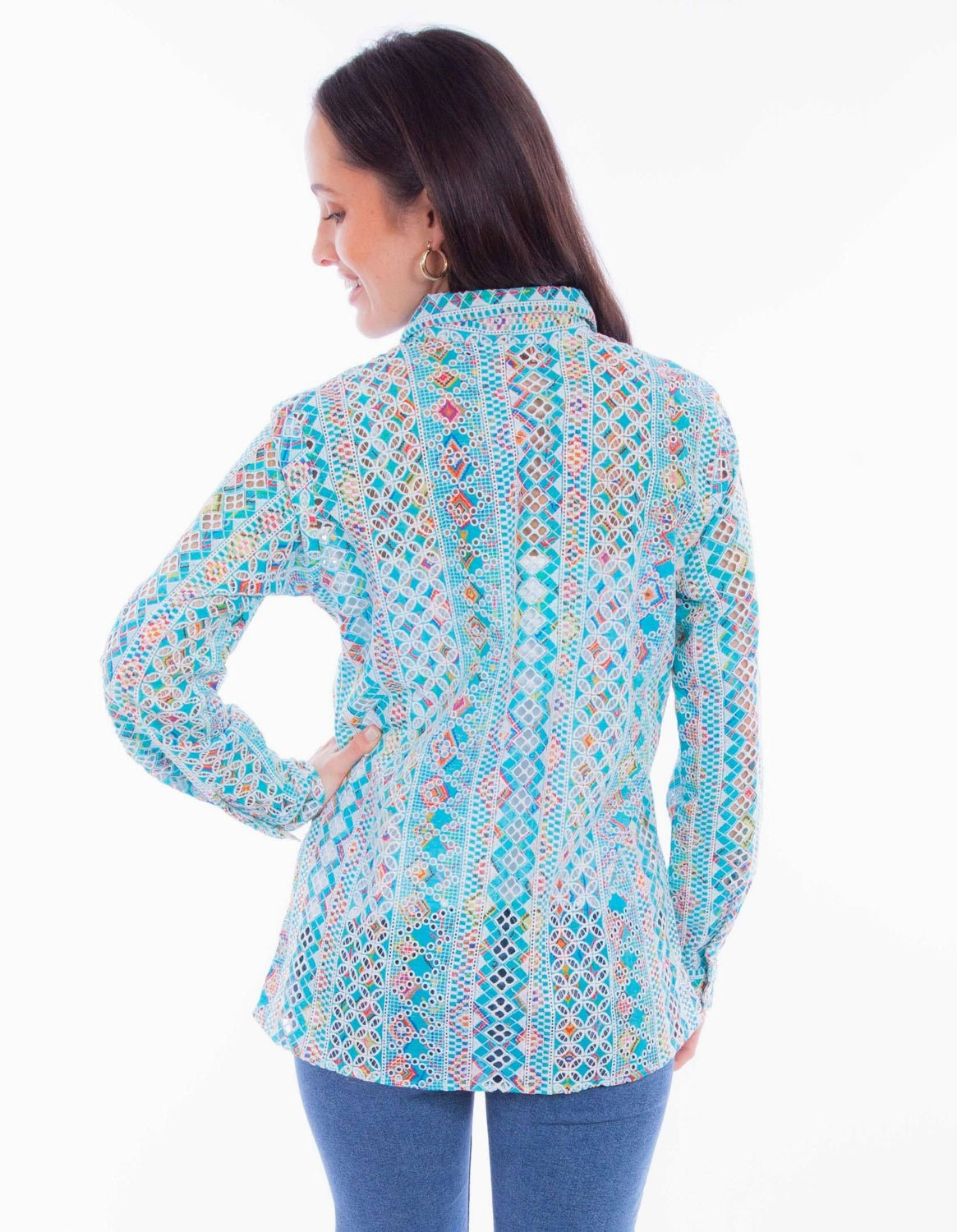 Solid Hue Summer Outfit Scully Womens Eyelet Button Turquoise 100% Cotton L/S Blouse