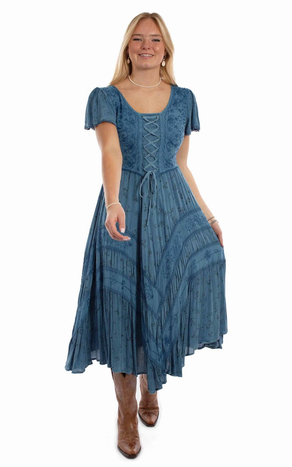 Daily Trend Scully Womens Fabric Lace-Up Tie Blue 100% Rayon S/S Dress