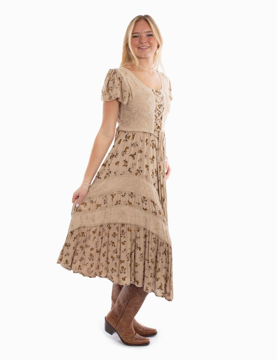 Scully Womens Fabric Lace-Up Tie Sand 100% Rayon S/S Dress Cool Layer