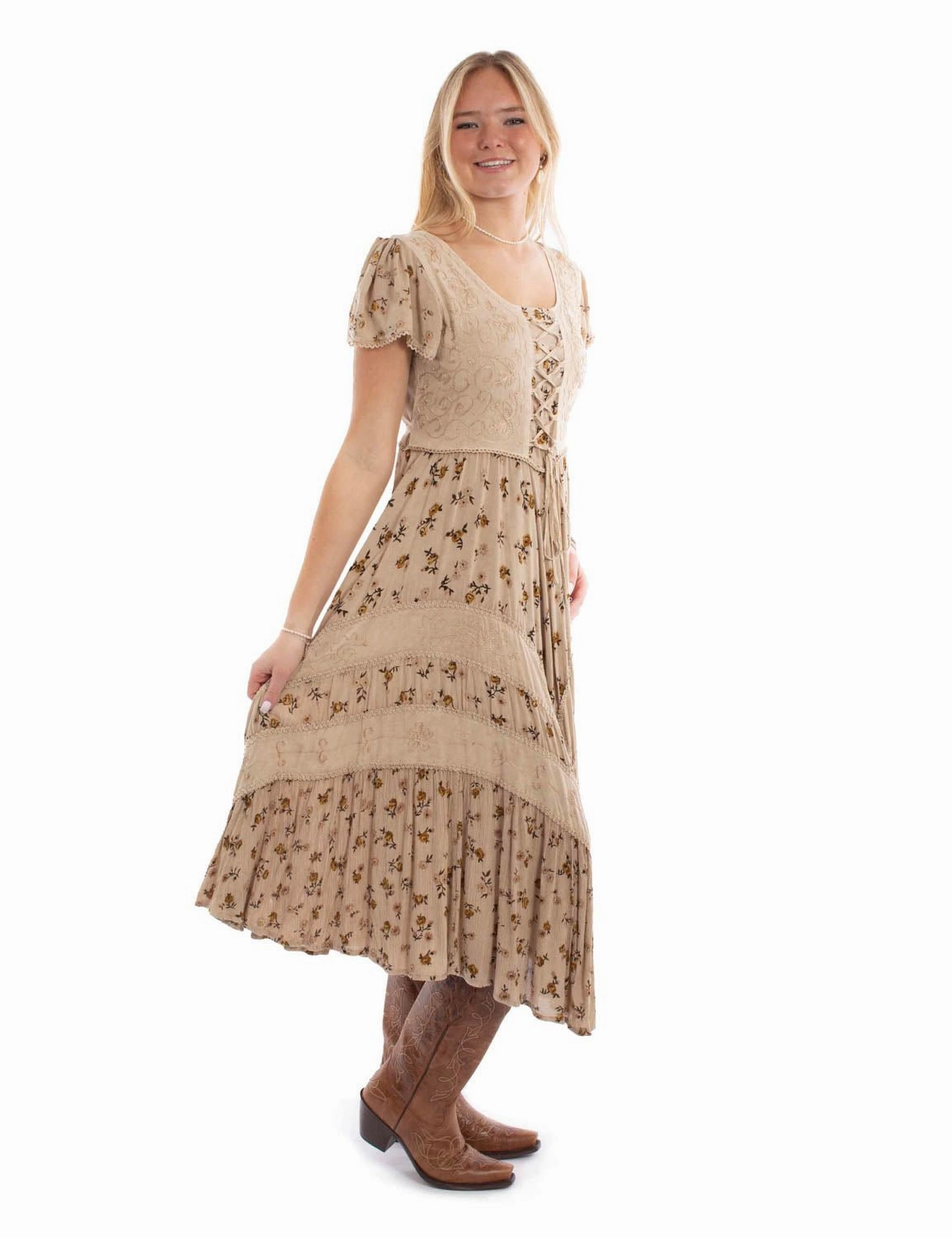 Moisture Management Soft touch finish Scully Womens Fabric Lace-Up Tie Sand 100% Rayon S/S Dress