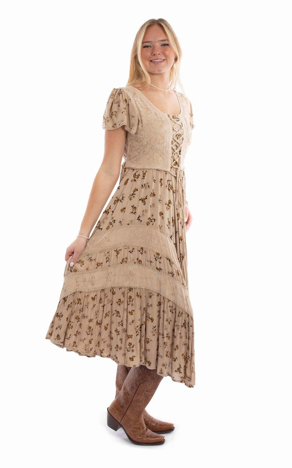 Scully Womens Fabric Lace-Up Tie Sand 100% Rayon S/S Dress Cloud Comfort Non Restrictive Silhouette