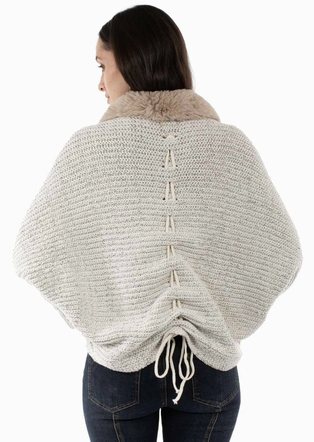 Winter Look Knit Comfort Scully Womens Faux Fur Trim Open Front Ivory 100% Acrylic Cardigan Sweater