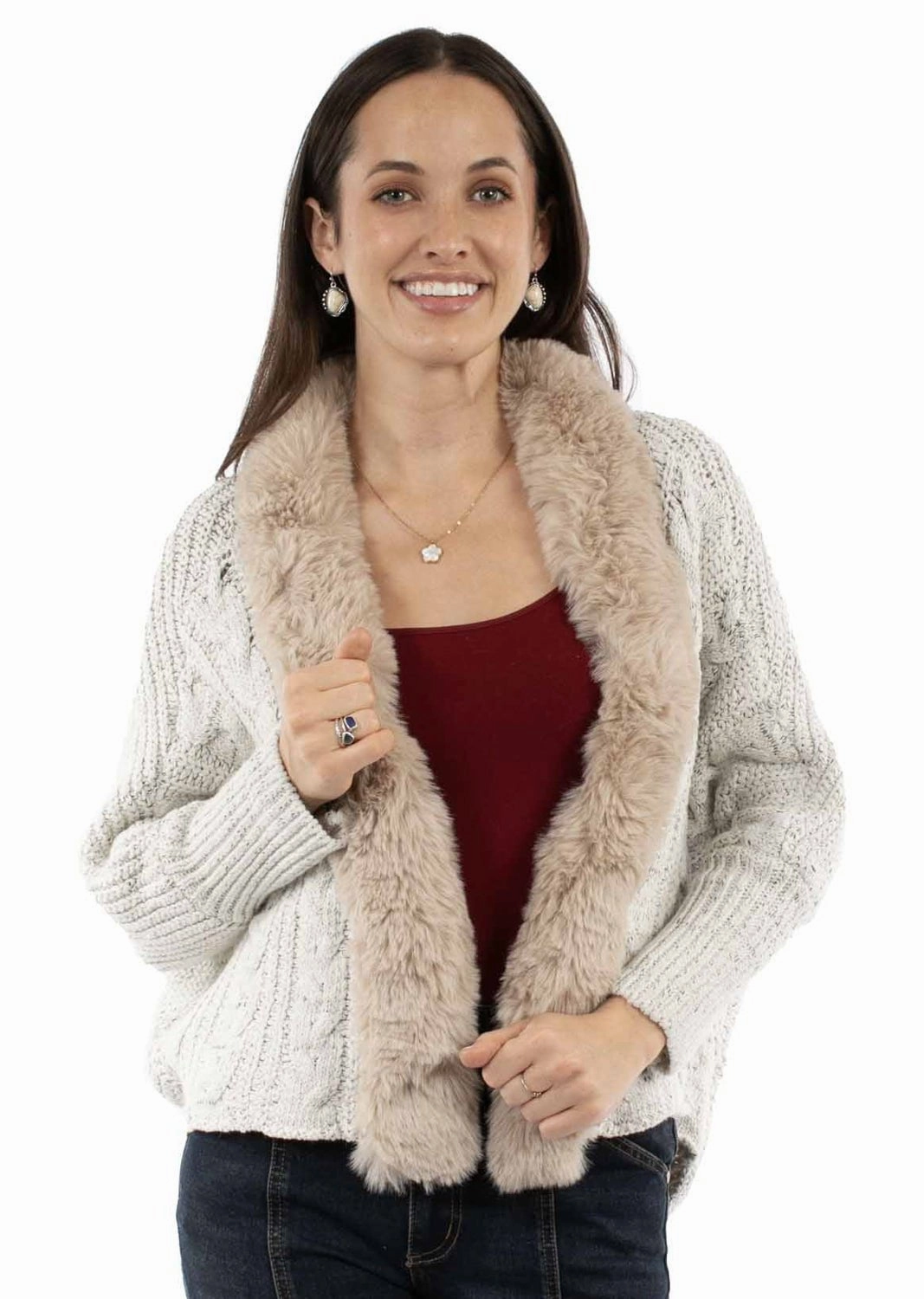 Weekend Outing Wear Scully Womens Faux Fur Trim Open Front Ivory 100% Acrylic Cardigan Sweater