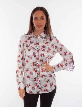 Spring Trend stain resistant coating Scully Womens Floral Fringe White 100% Polyester L/S Blouse