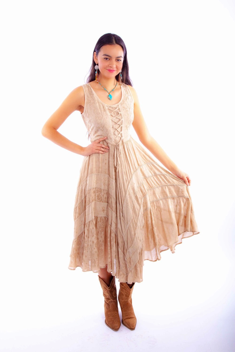 Romantic Style Scully Womens Full Length Lace-Up Light Latte 100% Rayon S/L Dress