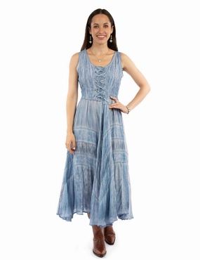 Cinched-Waist Scully Womens Full Length Lace-Up Tie-Dye 100% Rayon S/L Dress