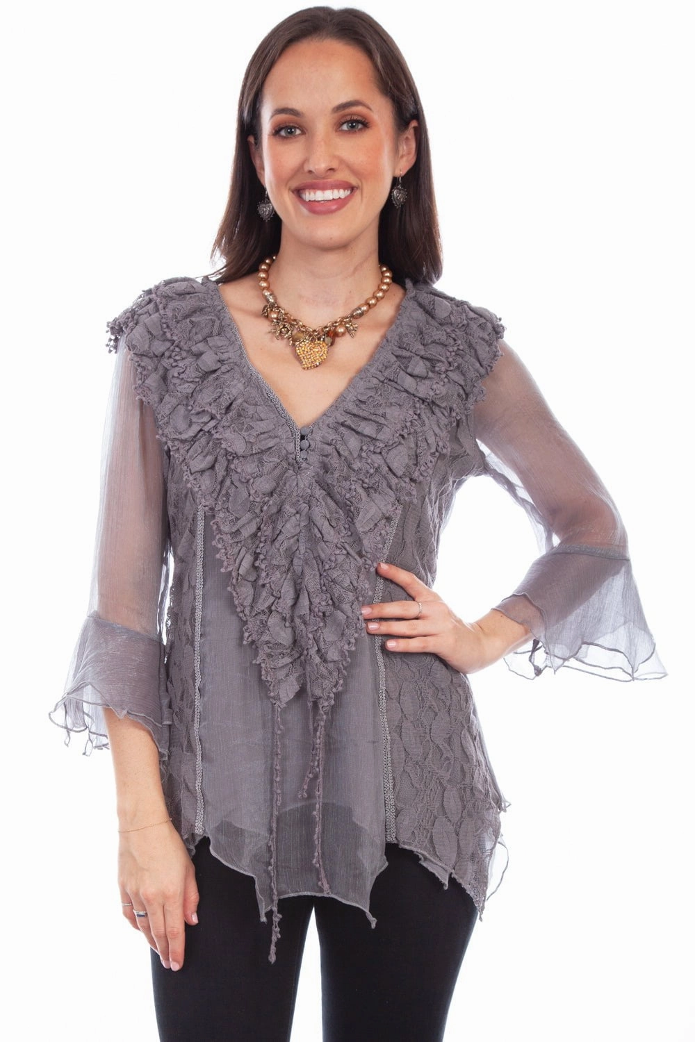 Mature Elegance Wardrobe Essential Scully Womens Grey Cotton Blend Double Ruffle S/S Blouse