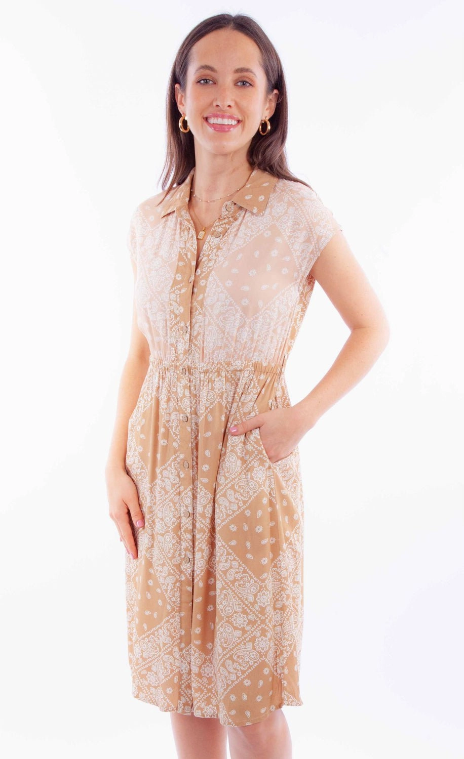 Scully Womens Hankerchief Fabric Toffee 100% Rayon S/S Dress Microfiber Textile Fall Fashion