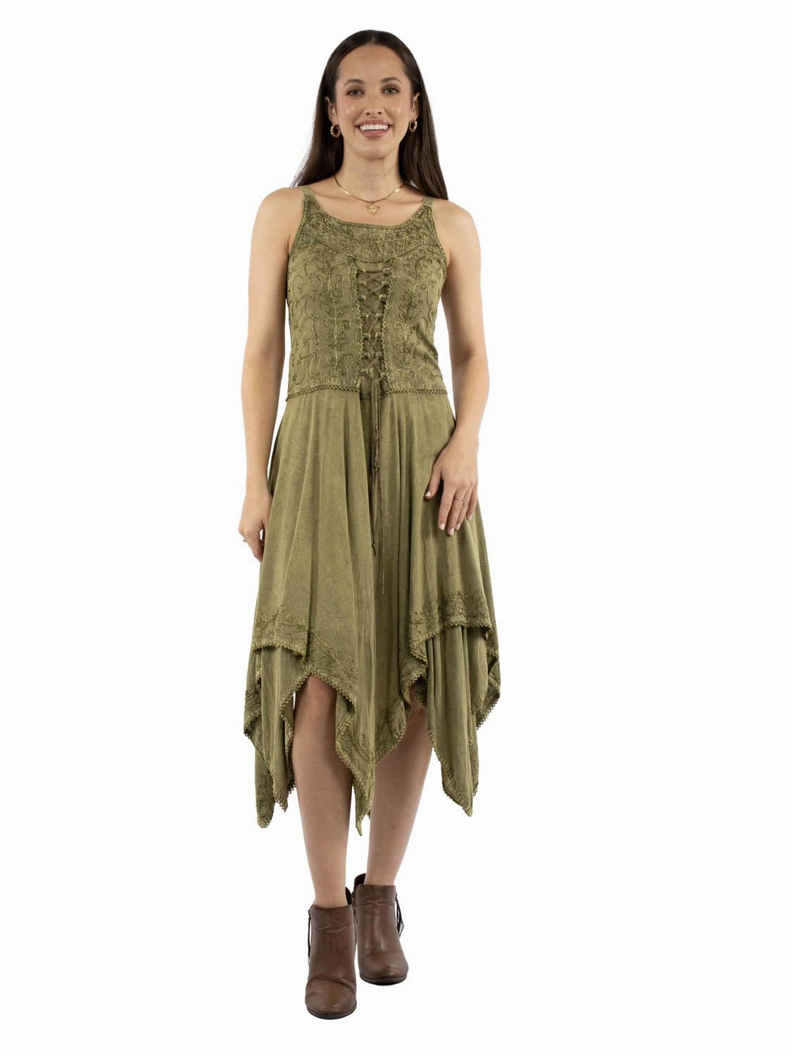 Scully Womens Hankerchief Hem Lace Up Olive 100% Rayon S/L Dress Odor Resistant