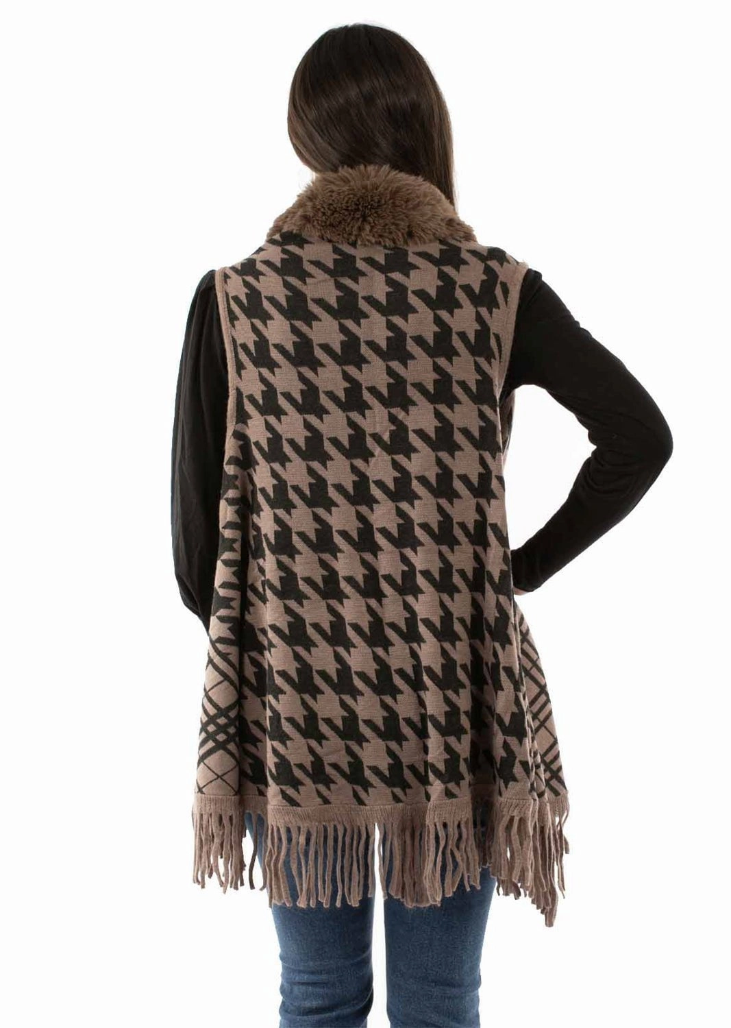 Streetwear vibe Scully Womens Houndstooth Trim Brown 100% Acrylic Cardigan Sweater