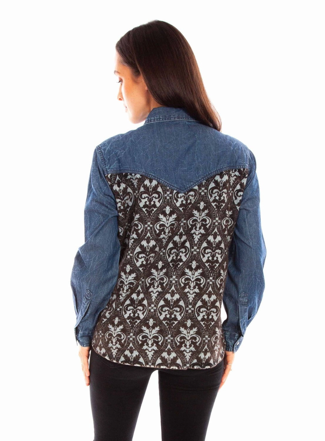 Layered Hemline Trendy Vibes Scully Womens Jacquard Back Denim 100% Cotton L/S Blouse