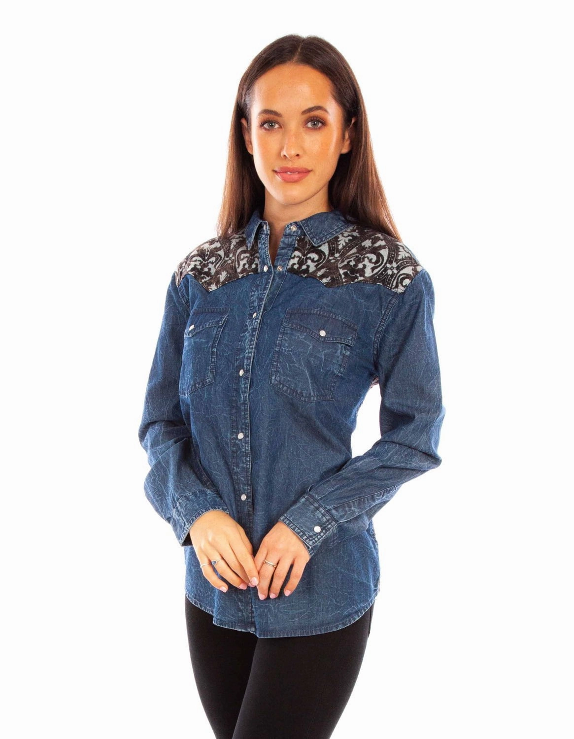 Ventilated Back Panel Scully Womens Jacquard Back Denim 100% Cotton L/S Blouse