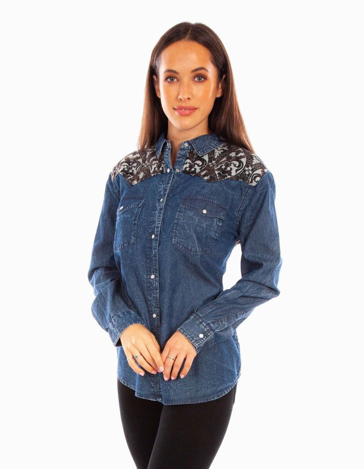 Inner Layer Anti Static Treatment Scully Womens Jacquard Back Denim 100% Cotton L/S Blouse