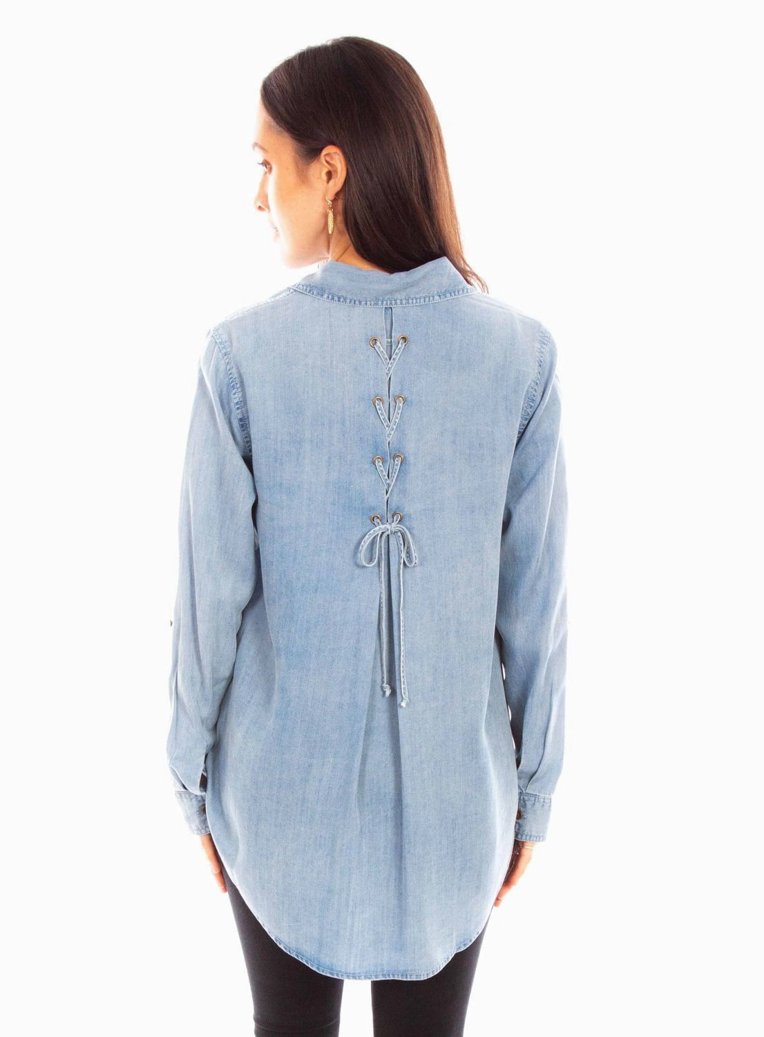 Scully Womens Lace-Up Hi-Lo Blue 100% Tencel L/S Shirt Minimalist Aesthetic Picnic Outfit