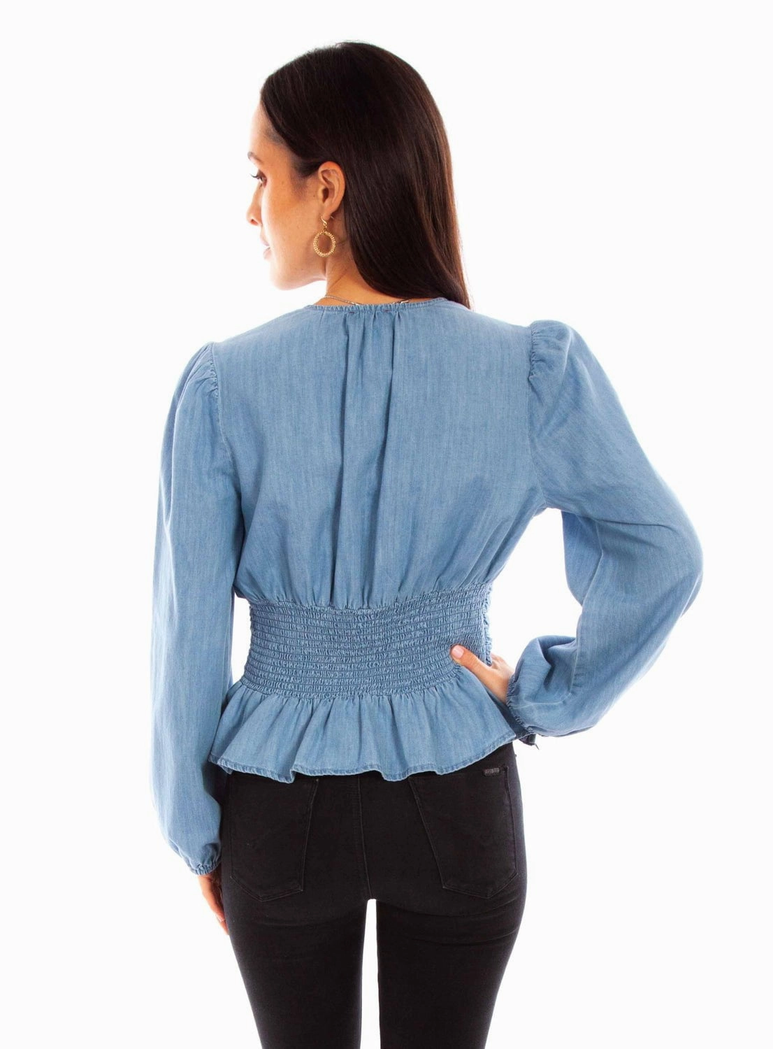 Scully Womens Lace-Up Peplum Denim 100% Cotton L/S Blouse Versatile Look