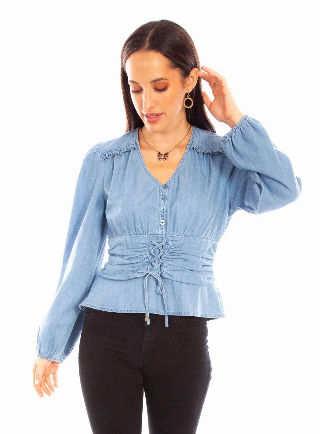 Work Appropriate Tailored Cut Scully Womens Lace-Up Peplum Denim 100% Cotton L/S Blouse