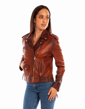 Scully Womens Motorcycle Zip Vintage Brown Leather Leather Jacket Cold Climate Stylish Daily Fit