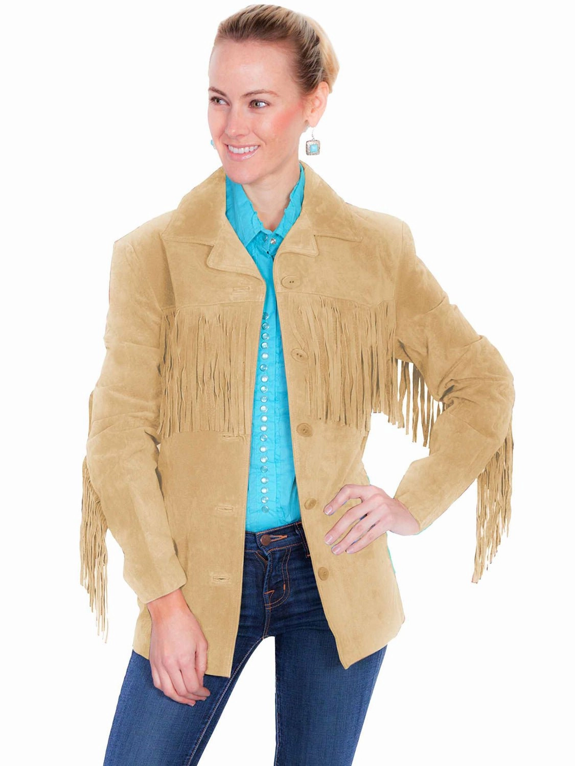 Non Bulky Profile Scully Womens Notched Lapel Fringe Old Rust Leather Leather Jacket