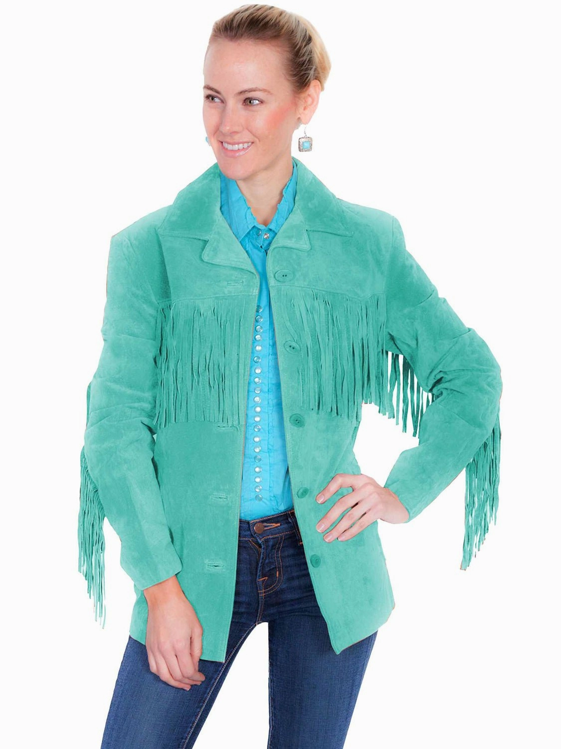 Scratch Resistant Zippers Scully Womens Notched Lapel Fringe Turquoise Leather Leather Jacket