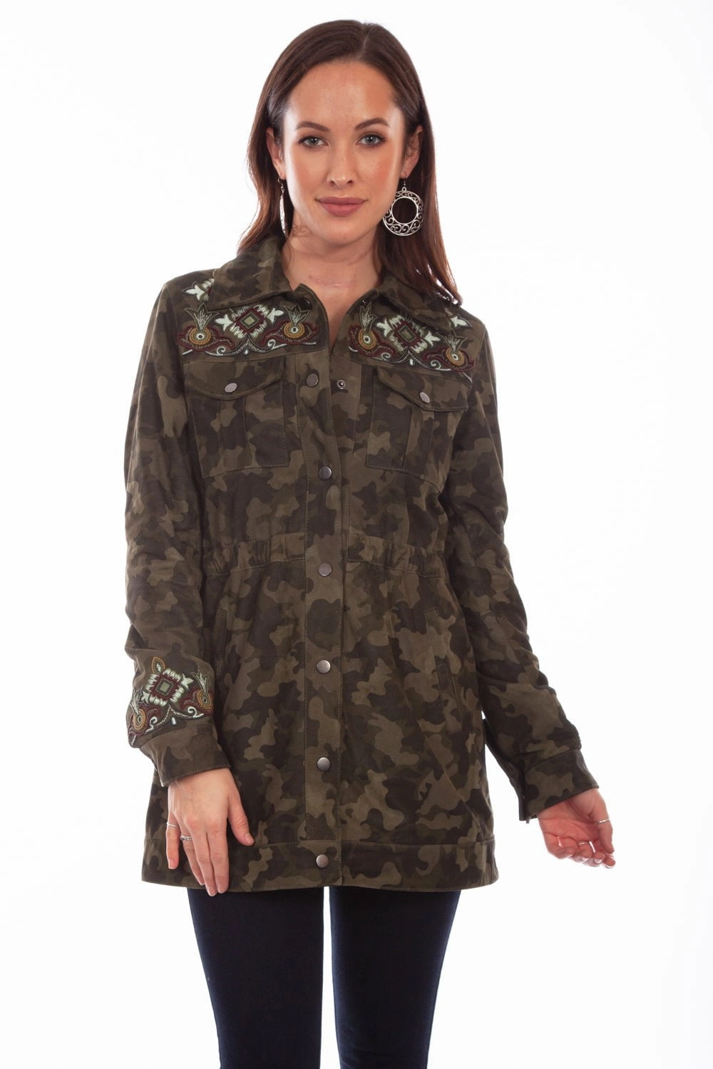 Scully Womens Olive Leather Camouflage Jacket Weatherproof Zipper Seals Green Material