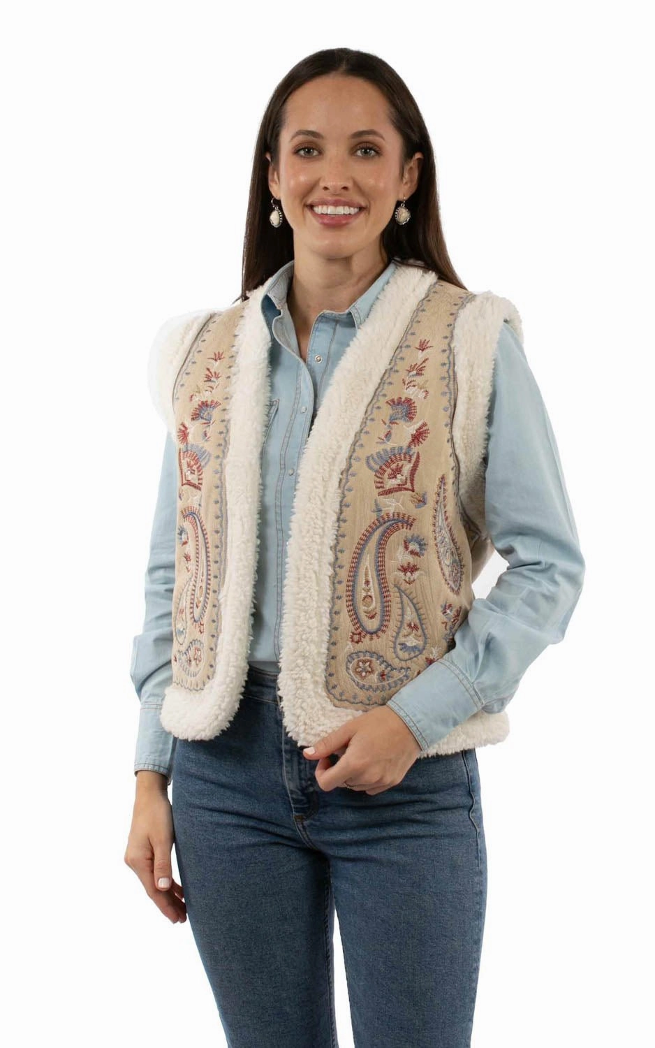Flex Knit Ribbing Durable Stitching Scully Womens Paisley Embroidery Faux Sherpa Sand 100% Acrylic Faux Fur Vest