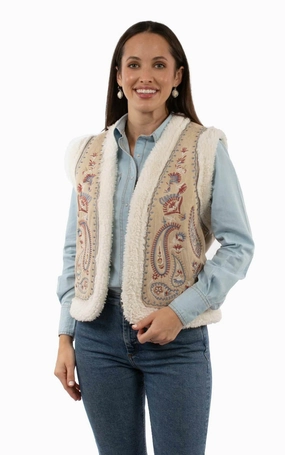 Scully Womens Paisley Embroidery Faux Sherpa Sand 100% Acrylic Faux Fur Vest Garment Dyed Finish Fashion Forward Wear