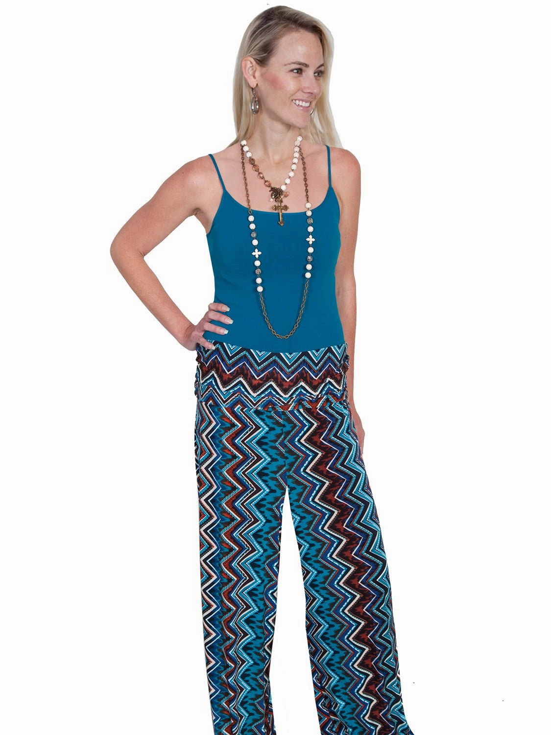 Scully Womens Palazzo Zig Zag Turquoise Poly/Spandex Lounge Pants Minimalist Design