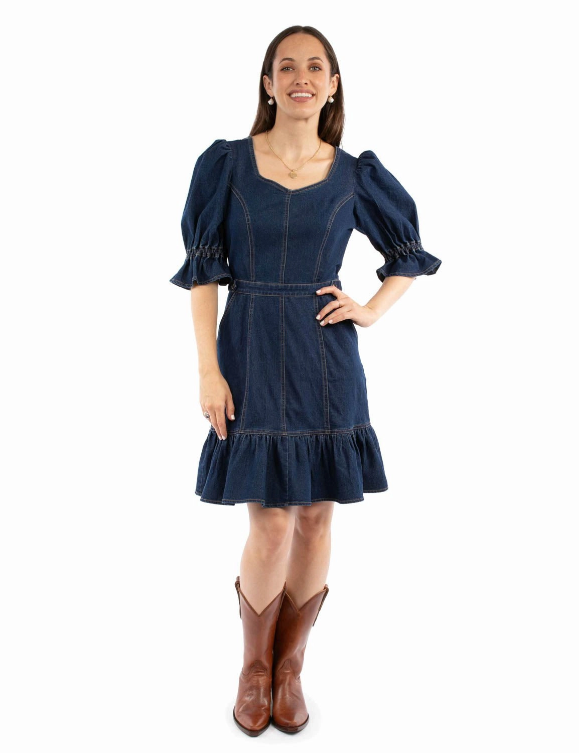Modern Wear Scully Womens Puff Sleeve Zip Back Denim Cotton Blend S/S Dress