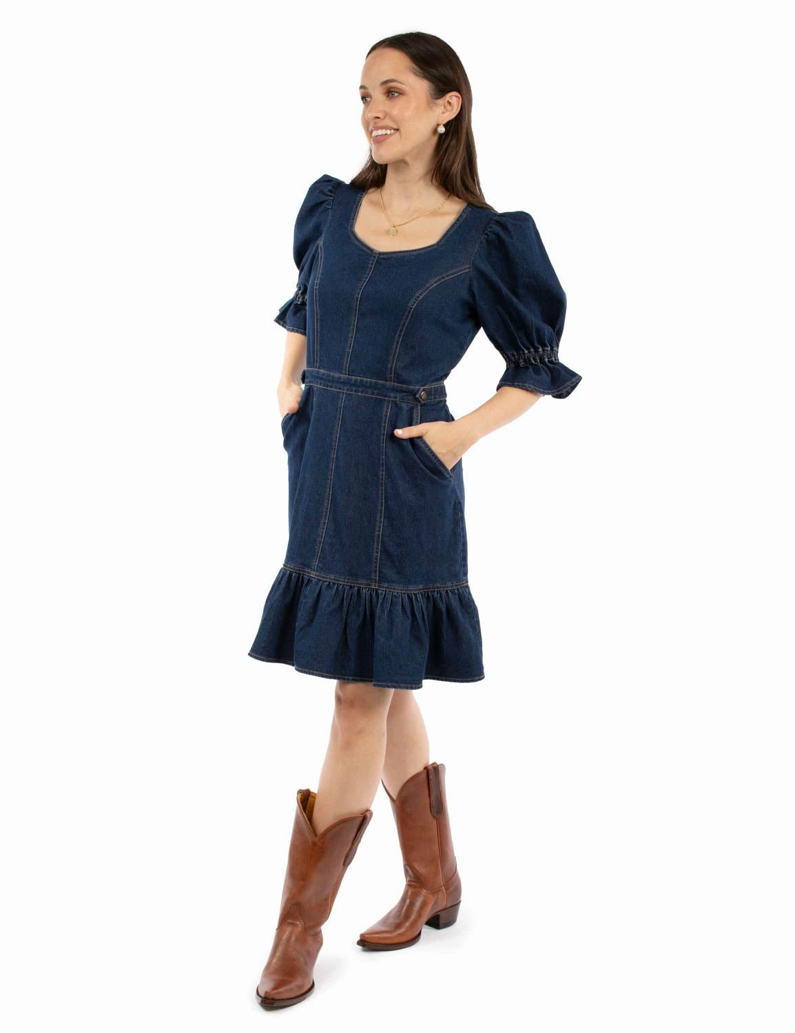 Everyday Outfit Breathable Layering Scully Womens Puff Sleeve Zip Back Denim Cotton Blend S/S Dress