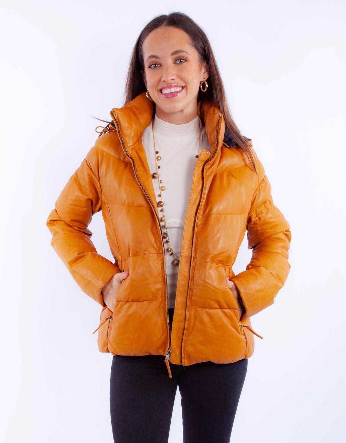 Nylon Cover Two Tone Design Scully Womens Puffy Zip Front Honey Leather Leather Jacket