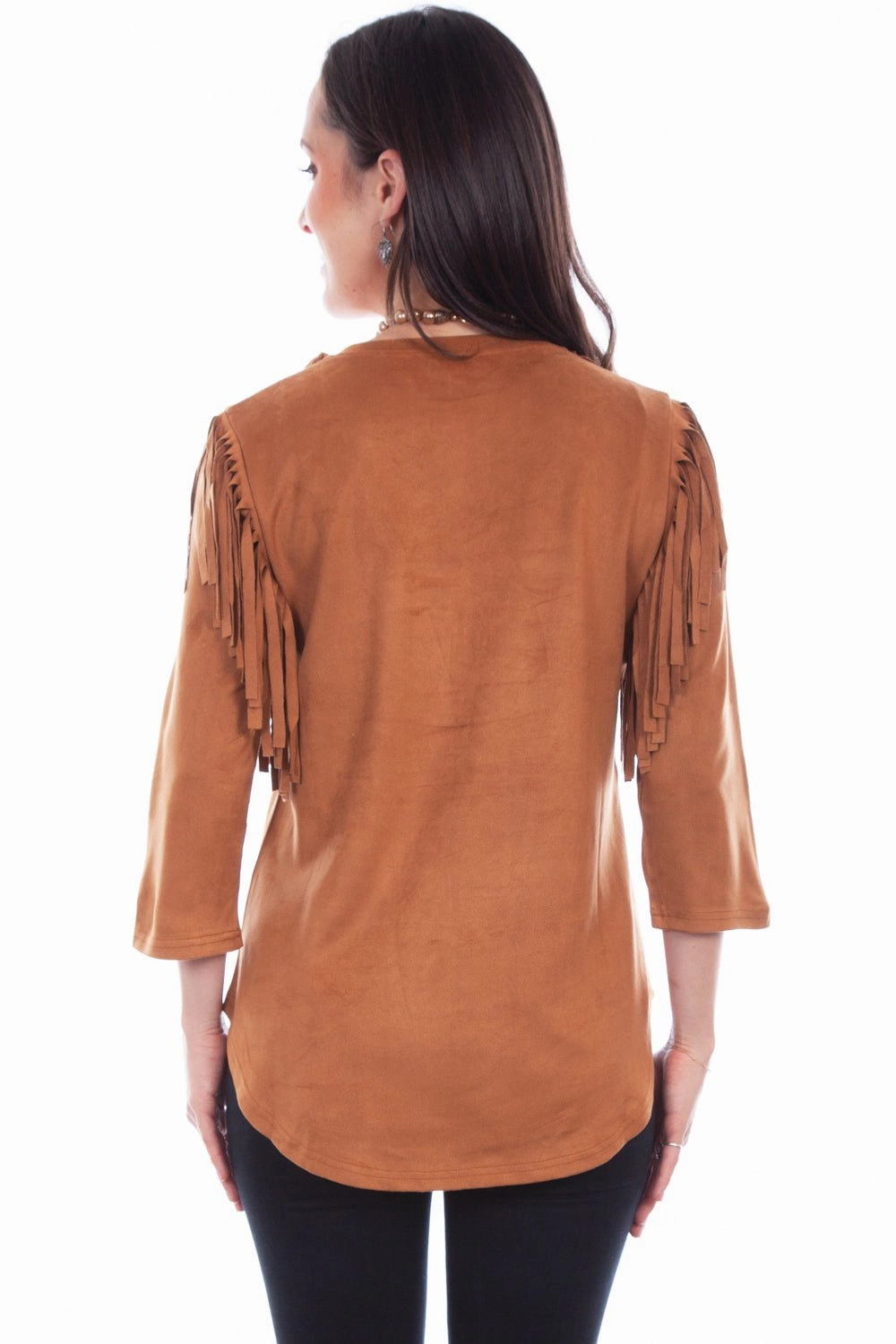 Scully Womens Pullover Fringe Brown Poly/Spandex S/S Tunic Bold Print Dynamic Design