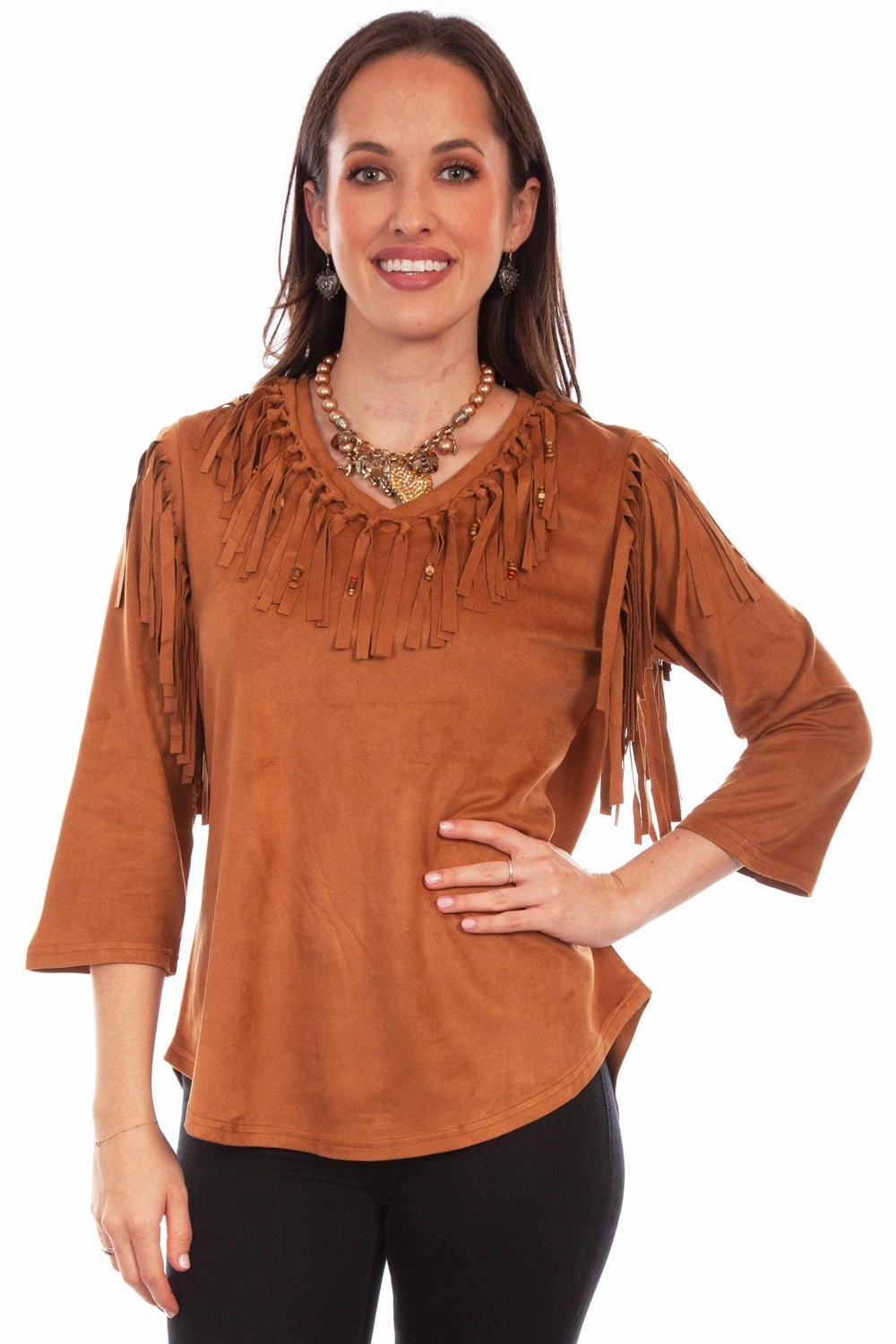 Breathable back panel Scully Womens Pullover Fringe Brown Poly/Spandex S/S Tunic