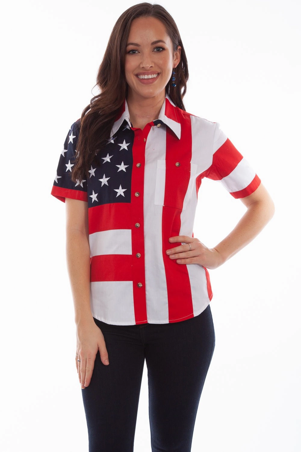 Ventilated Back Panel Scully Womens Red 100% Cotton Flag S/S Shirt
