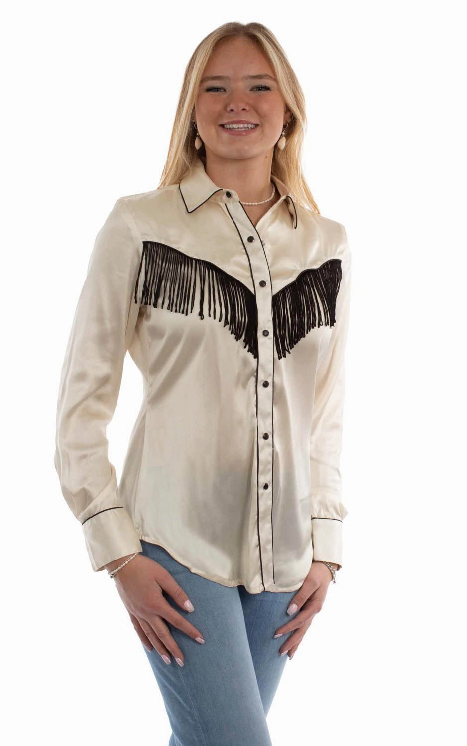 Scully Womens Retro Western Style Fringe Cream 100% Polyester L/S Blouse Boho chic
