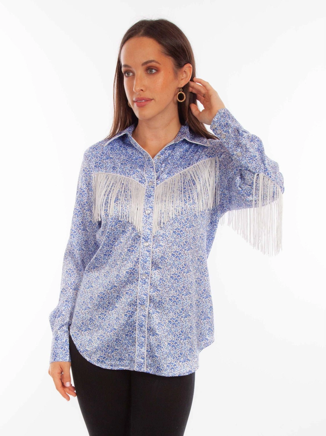 Scully Womens Rodeo Fringe Blue 100% Polyester L/S Blouse Urban Fashion Eco Friendly Dye