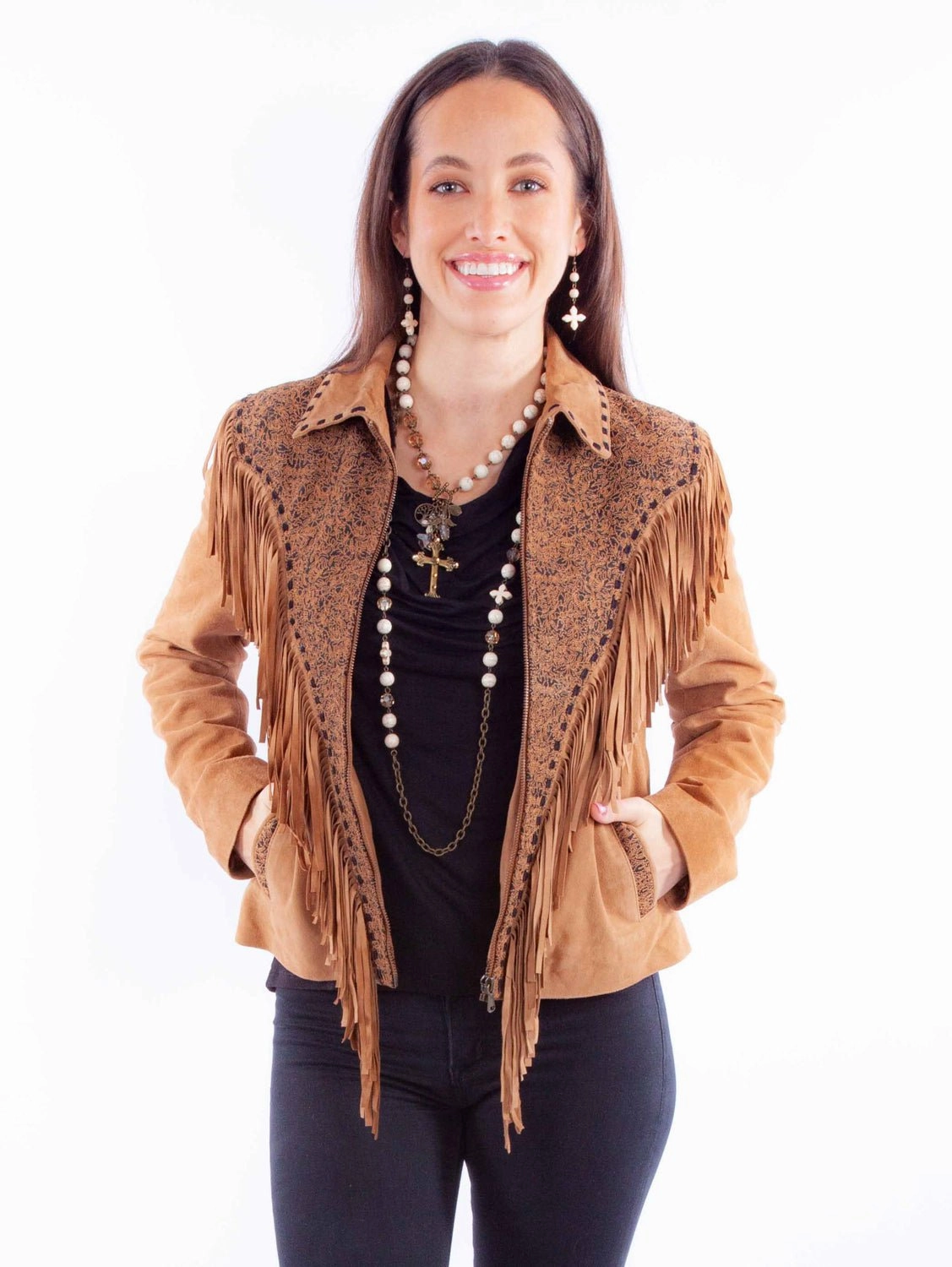 Scully Womens Rodeo Fringe Tan Leather Leather Jacket Convertible Collar