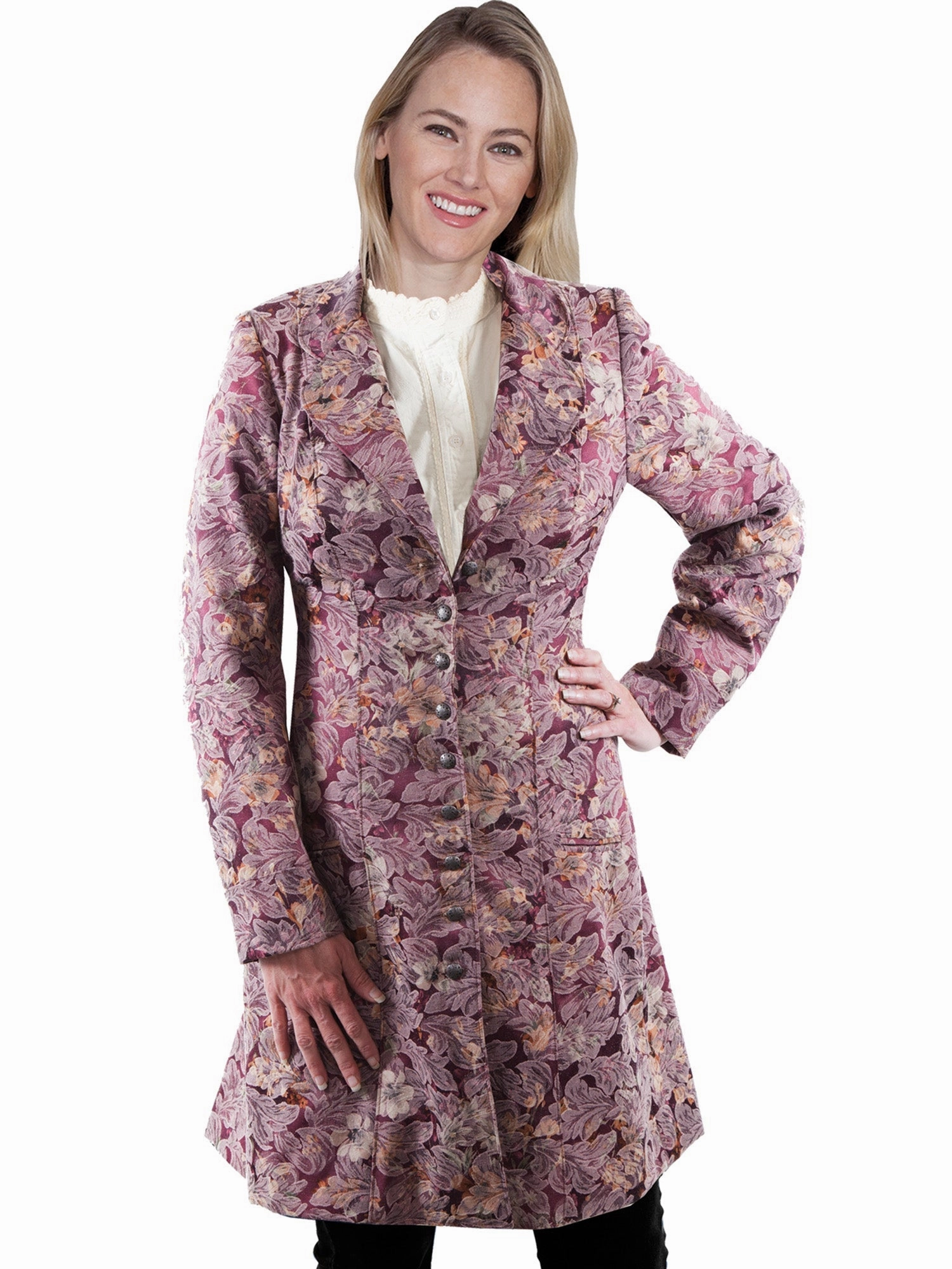 Flexible Shoulder Gussets Scully Womens Rose Polyester Jacquard Frock Coat