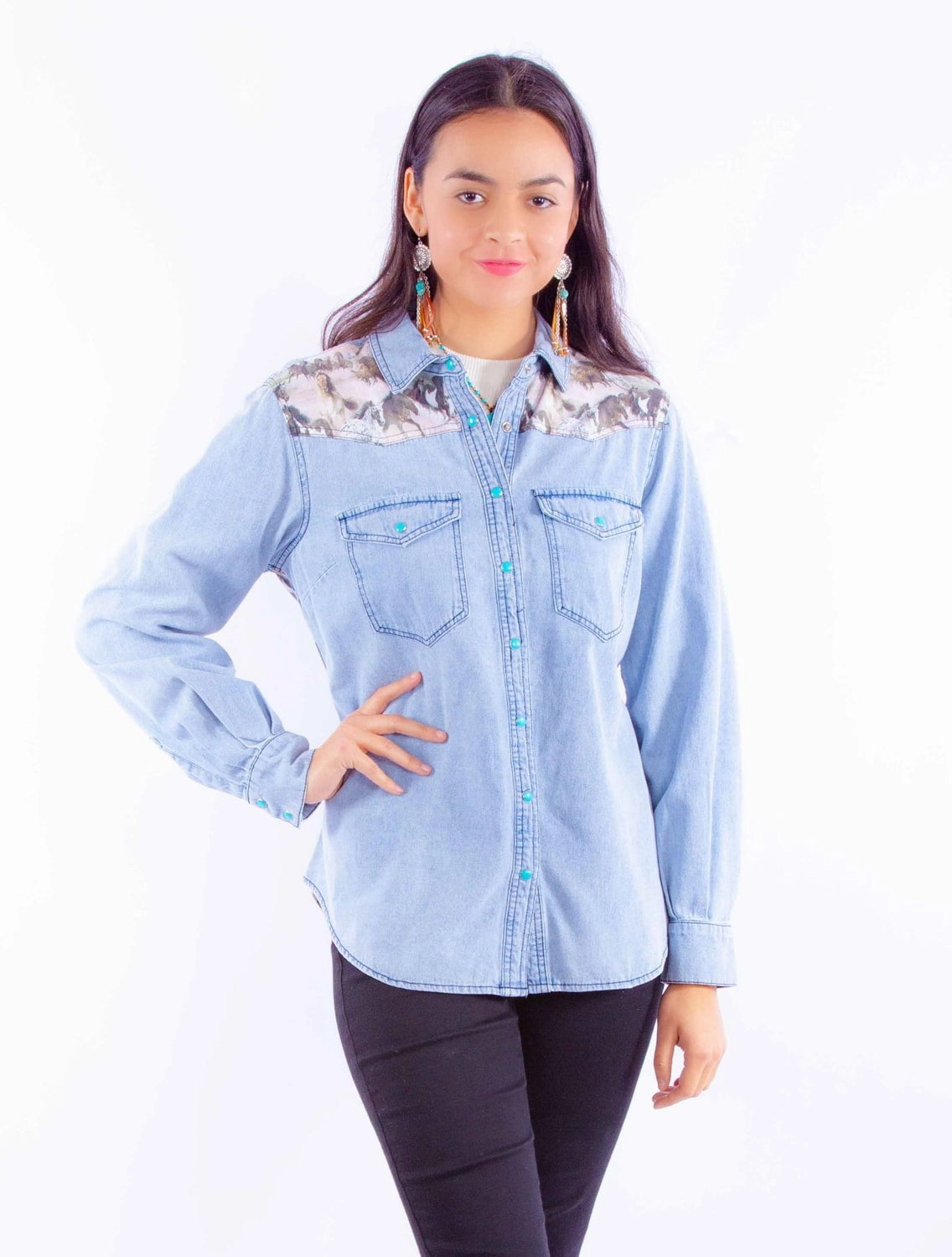 Scully Womens Running Horses Scene Denim Cotton Blend L/S Shirt Yoke Design