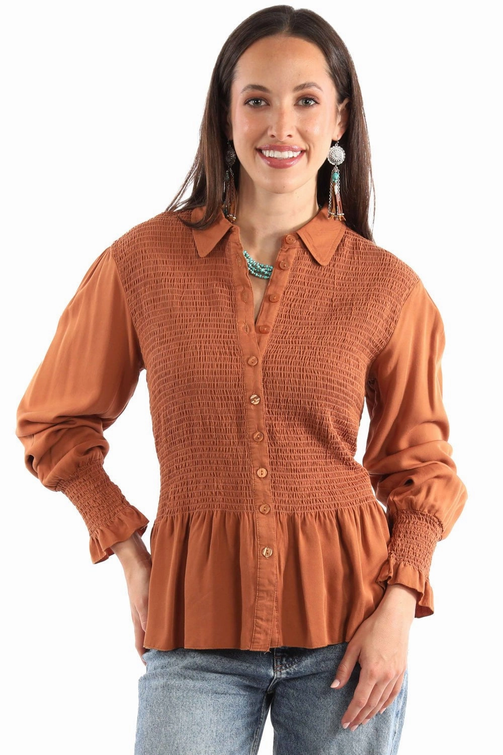 Stretchable Cloth Scully Womens Smocked Peplum Terracotta 100% Rayon L/S Blouse