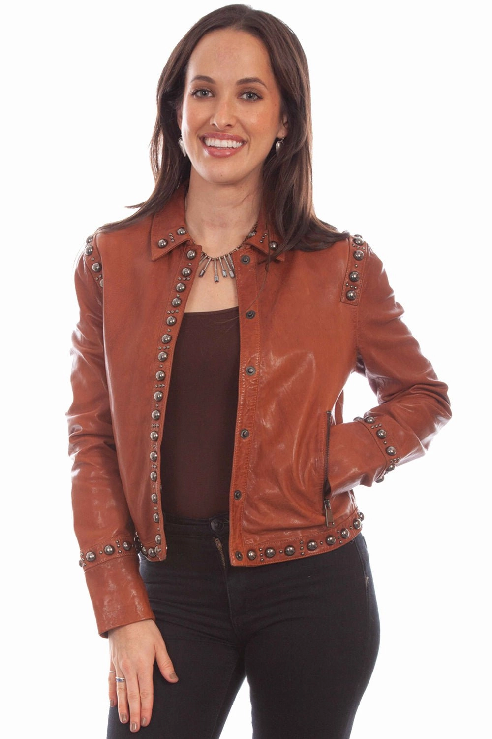 High Visibility Trims Flexible Joint Articulation Scully Womens Snap Front Studded Brown Leather Leather Jacket