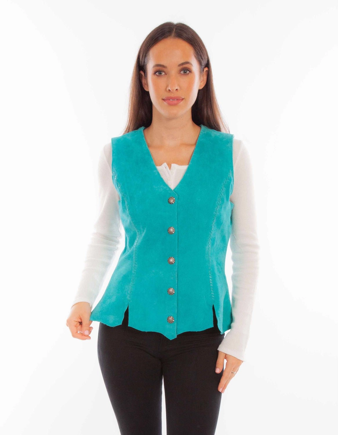 Scully Womens Snap Front Turquoise Leather Leather Vest MoistureWickingLining Knee Length