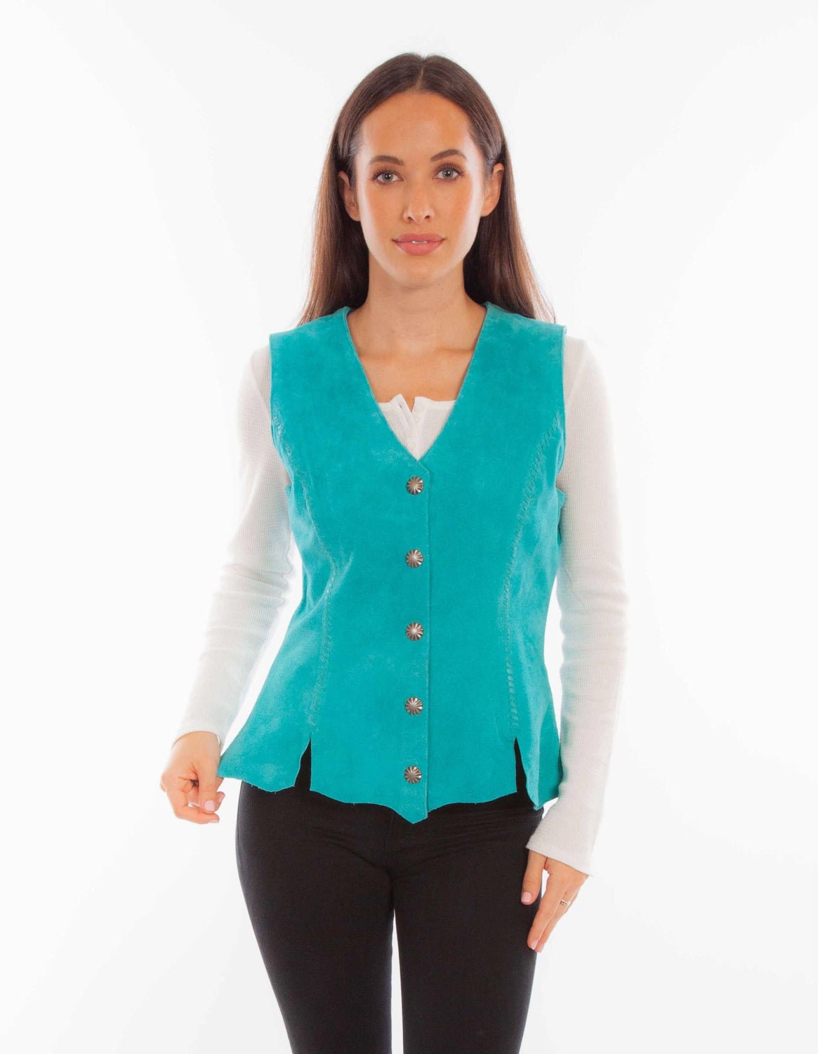 Scully Womens Snap Front Turquoise Leather Leather Vest L Softshell Construction