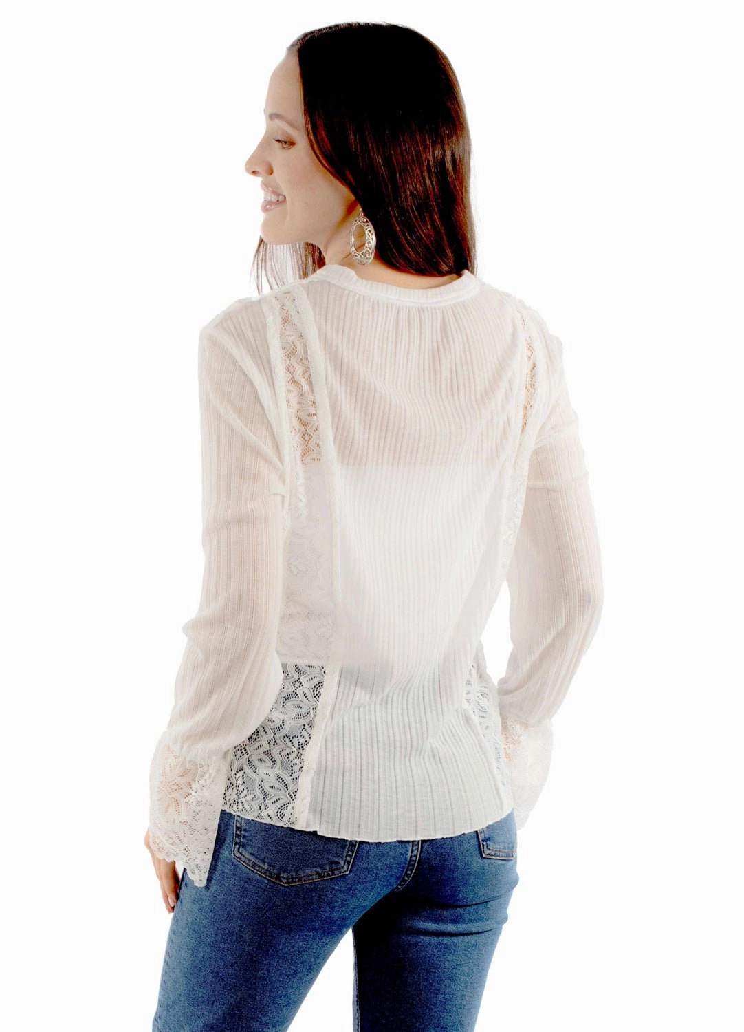 Wrinkle-Free Scully Womens Soft Knit Lace White Rayon Blend L/S Blouse