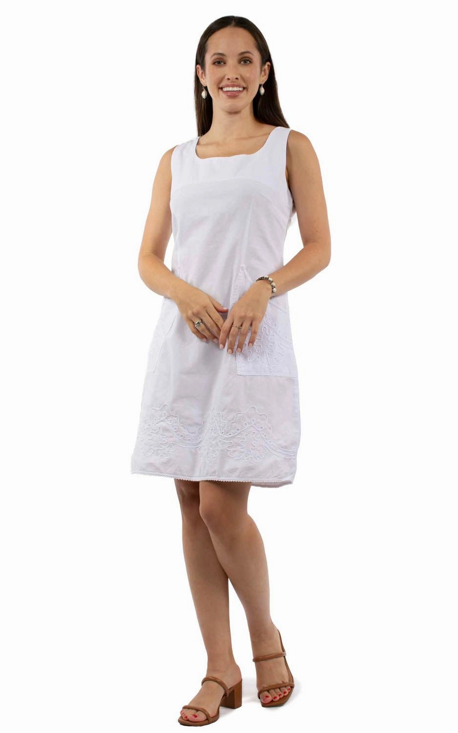 Modern Layering Clean Comfort Scully Womens Soutach Two Pockets White 100% Cotton S/L Dress