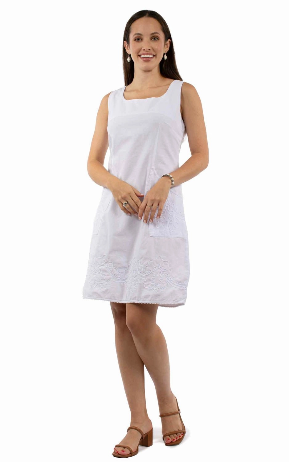 Scully Womens Soutach Two Pockets White 100% Cotton S/L Dress NonRestrictive Cuff Design Unstructured Silhouette